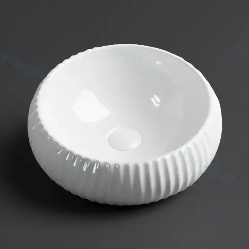 410*410*130mm Gloss White Oran Fine Ceramic Fluted Art Basin No Overflow,32mm Waste