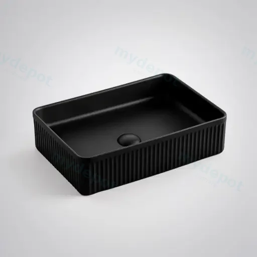 500*340*130mm Matte Black Crete Flueted Fine Ceramic Above Counter Basin No Overflow 32mm Waste