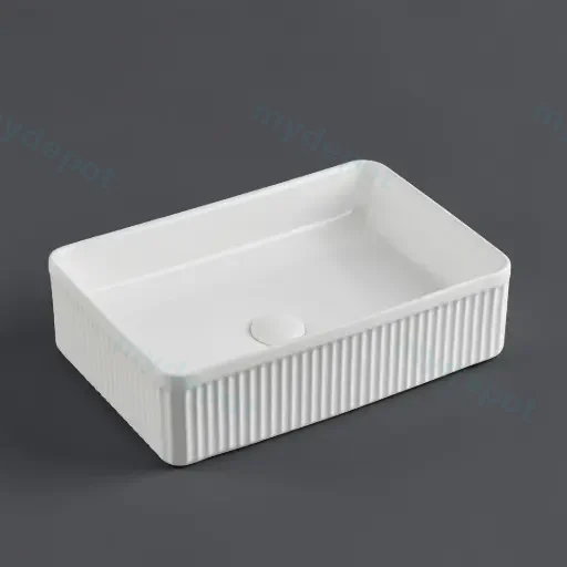 500*340*130mm Matte White Crete Flueted Fine Ceramic Above Counter Basin No Overflow 32mm Waste