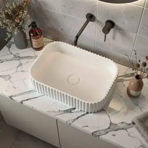 500*350*120mm Matt White Japserfluted Solid Surface Above Counter Basin 32mm Waste