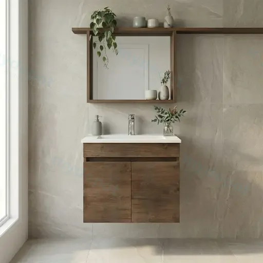 600mm Slim Dark Oak MDF Wall Hung Bathroom Vanity Cabinet Only 2 Doors