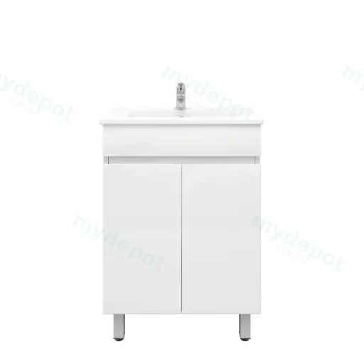 600mm Slim Freestanding Bathroom Vanity Cabinet Only with Legs PVC 2 Door Gloss White