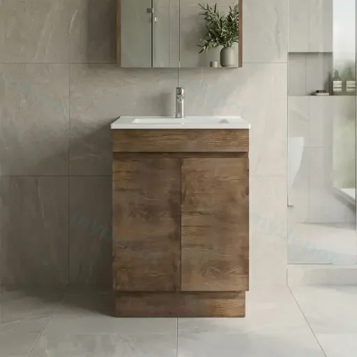 600mm Slim Dark Oak MDF Freestanding Bathroom Vanity Cabinet Only 2 Doors