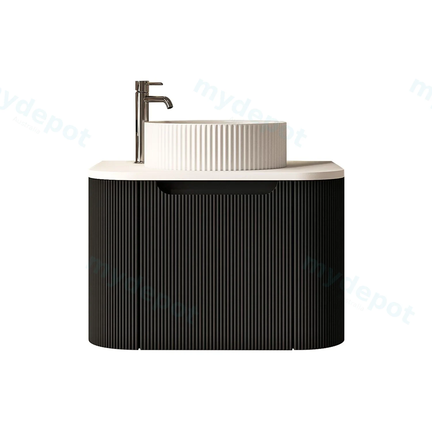 600x460x400mm Rome Matt Black Round Edge Grooved Wall Hung MDF Vanity With White Quartz Stone Top One Door
