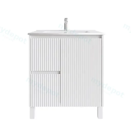 750mm Freestanding Bathroom Vanity Cabinet Only PVC Left Drawer Fluted Matte White