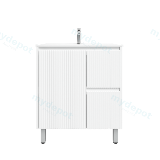 750mm Brio Freestanding Bathroom Vanity Cabinet Only PVC Right Drawer Fluted Matte White