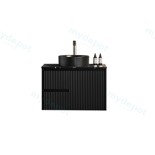 740X455X480mm Matte Black Crete Modern Fluted Wall Hung Vanity PVC Cabinet,Left Hand Drawers