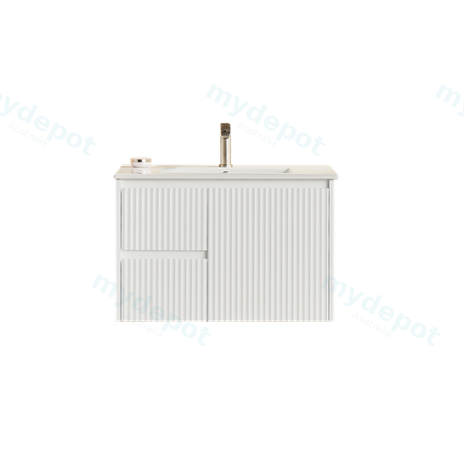 740X455X480mm Matte White Crete Modern Fluted Wall Hung Vanity PVC Cabinet,Left Hand Drawers