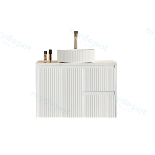 740x455x480mm Matte White Crete Modern Fluted Wall Hung Vanity PVC Cabinet,Right Hand Drawers