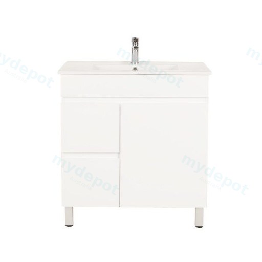 750*450*710mm Freestangding Gloss White PVC Vanity Left Drawer With Ceramic Top