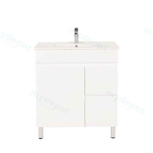 750*450*710mm Freestangding Gloss White PVC Vanity Right Drawer With Ceramic Top