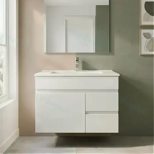 750mm Narrow Gloss White  MDF 2 Right Drawers 1 Left Door Wall Hung Bathroom Vanity Cabinet Only