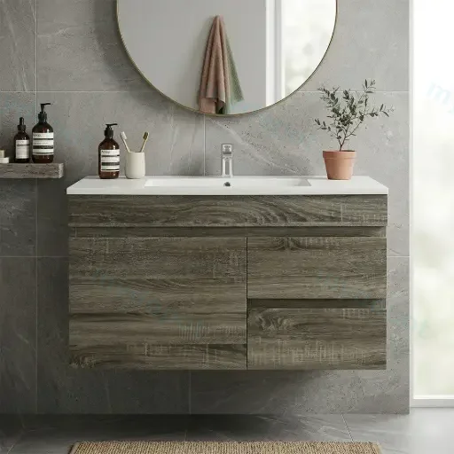 750mm Slim Dark Grey MDF Wall Hung Bathroom Vanity Cabinet Only Right Drawer PVC Vacuum Filmed