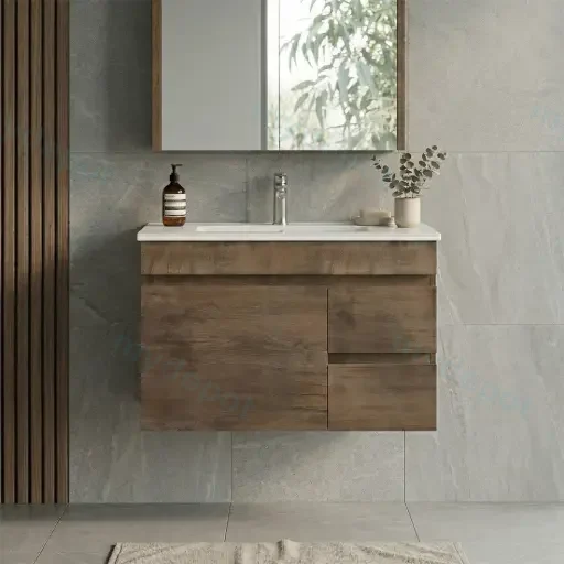 750mm Slim Dark Oak MDF Wall Hung Bathroom Vanity Cabinet Only Right Drawer PVC Vacuum Filmed