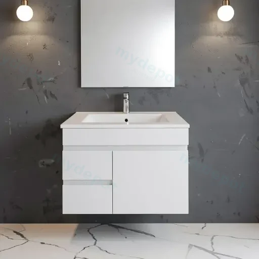750mm Narrow Gloss White MDF 2 Left Drawers 1Right Door Wall Hung Bathroom Vanity Cabinet Only