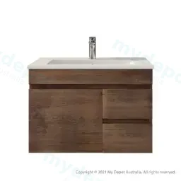 750mm Dark Oak MDF Wall Hung Bathroom Vanity Cabinet Only Right Drawer PVC Vacuum Filmed