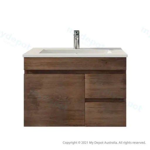 750mm Dark Oak MDF Wall Hung Bathroom Vanity Cabinet Only Right Drawer PVC Vacuum Filmed