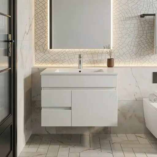 750mm Gloss White MDF 2 Left Drawers 1Right Door Wall Hung Bathroom Vanity Cabinet Only