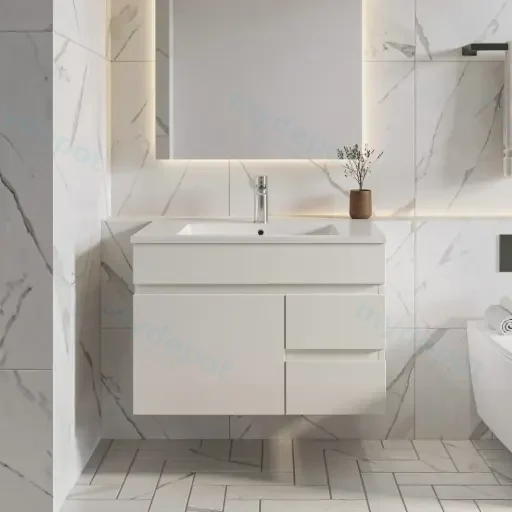 750mm Gloss White MDF 2Right Drawers 1 Left Door  Wall Hung Bathroom Vanity Cabinet Only