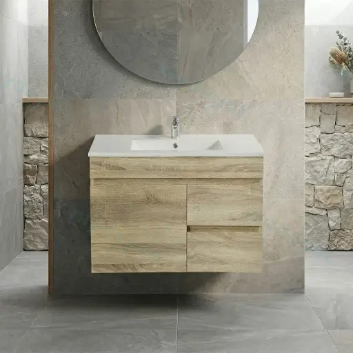 750mm Slim White Oak MDF Wall Hung Bathroom Vanity Cabinet Only RightDrawer PVC Vacuum Filmed