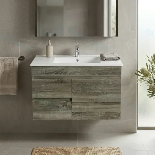 750mm Dark Grey MDF Wall Hung Bathroom Vanity Cabinet Only Left Drawer PVC Vacuum Filmed