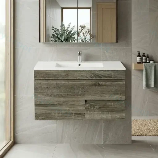 750mm Dark Grey MDF Wall Hung Bathroom Vanity Cabinet Only Right Drawer PVC Vacuum Filmed