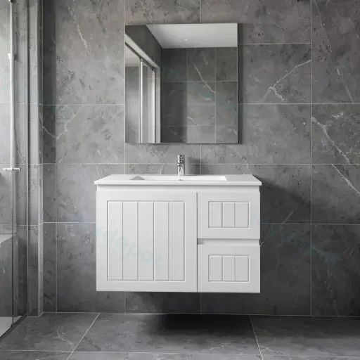 750mm Amber Matte White MDF 2 Right Drawers 1 Left Door Wall Hung Bathroom Vanity Cabinet Only