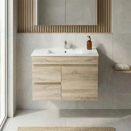 750mm White Oak MDF Wall Hung Bathroom Vanity Cabinet Only Left Drawer PVC Vacuum Filmed