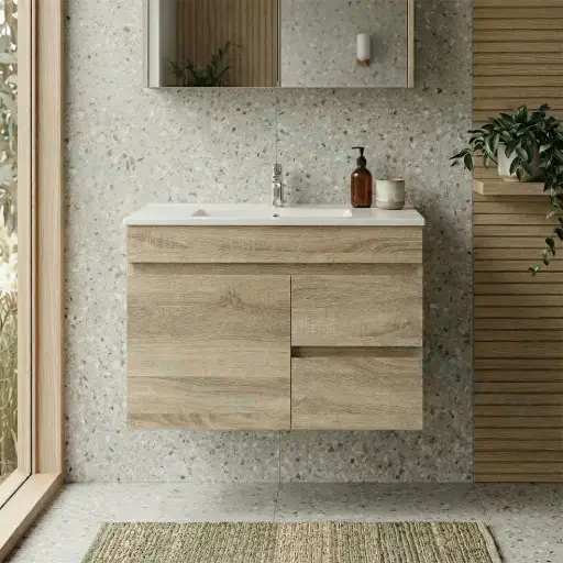 750mm White Oak MDF Wall Hung Bathroom Vanity Cabinet Only Right Drawer PVC Vacuum Filmed