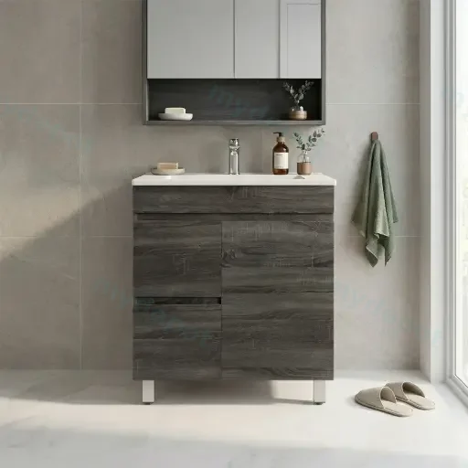 750mm Slim Dark Grey MDF Freestanding Bathroom Vanity Cabinet Only Left Drawer PVC Vacuum Filmed