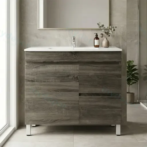 750mm Slim Dark Grey MDF Freestanding Bathroom Vanity Cabinet Only Right Drawer PVC Vacuum Filmed