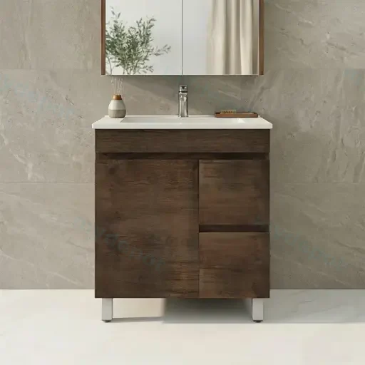 750mm Slim Dark Oak MDF Freestanding Bathroom Vanity Cabinet Only Right Drawer PVC Vacuum Filmed