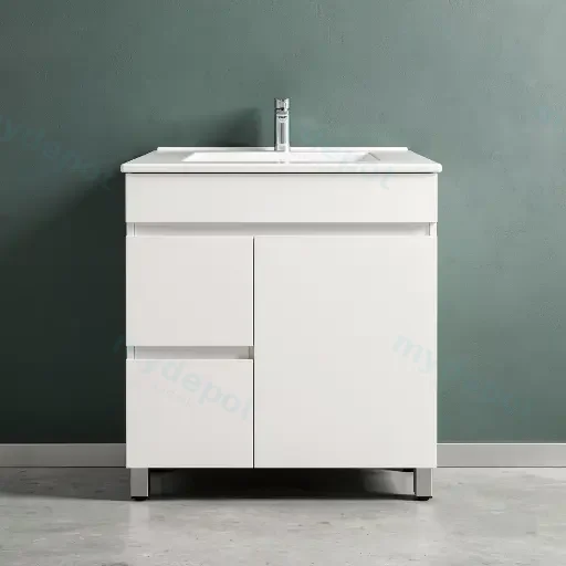 750mm Narrow Gloss White MDF 2 Left Drawers 1 Right Door Freestanding Bathroom Vanity Cabinet Only