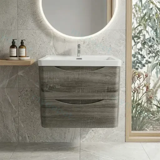 750mm Dark Grey MDF Board with PVC Vacuum Filmed Two Drawers Curved Wall Hung Vanity Cabinet Only