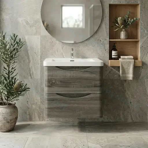 750mm Dark Grey MDF Board with PVC Vacuum Filmed Two Drawers Curved Wall Hung Vanity Cabinet Only