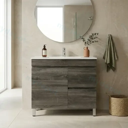 750mm Dark Grey MDF Freestanding Bathroom Vanity Cabinet Only Right Drawer PVC Vacuum Filmed