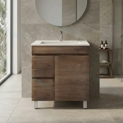 750mm Darl Oak MDF Freestanding Bathroom Vanity Cabinet Only Left Drawer PVC Vacuum Filmed