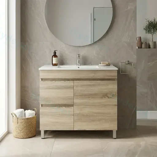 750mm White Oak MDF Freestanding Bathroom Vanity Cabinet Only Left Drawer PVC Vacuum Filmed