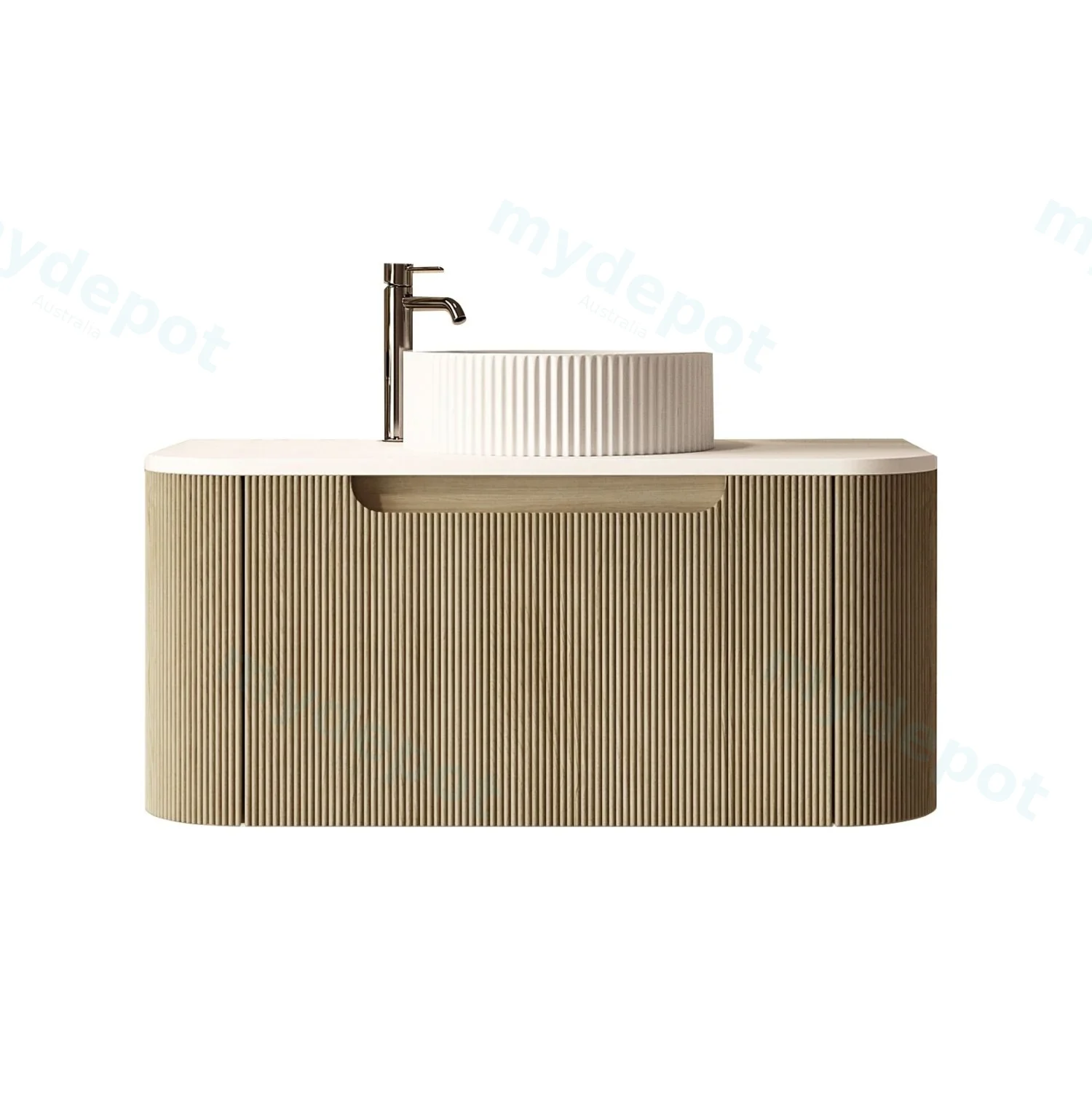 750x460x400mm Rome Bur Oak Round Edge Grooved Wall Hung MDF Vanity With White Quartz Stone Top One Soft Closing Drawer