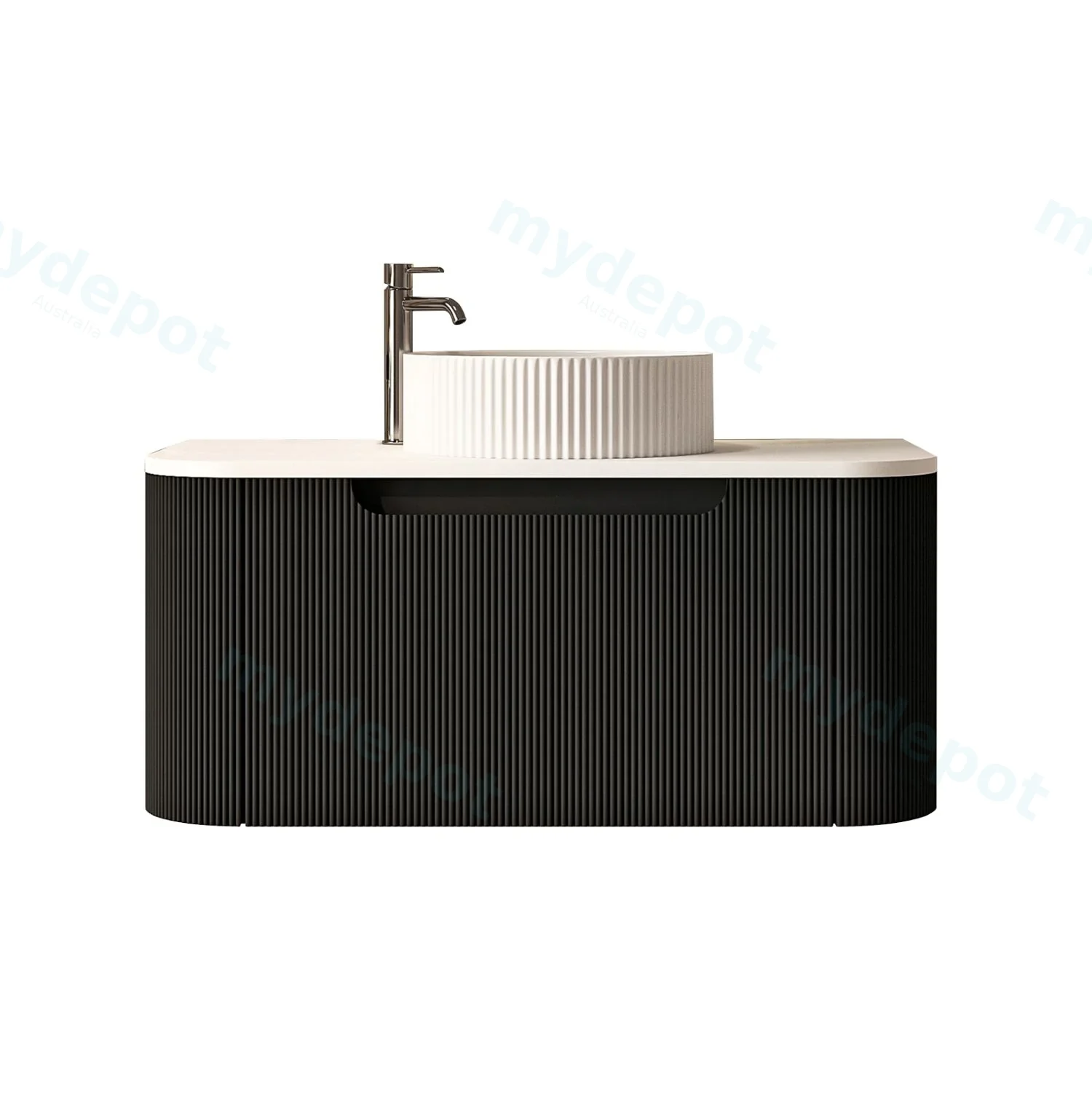 750x460x400mm Rome Matt Black Round Edge Grooved Wall Hung MDF Vanity With White Quartz Stone Top One Soft Closing Drawer