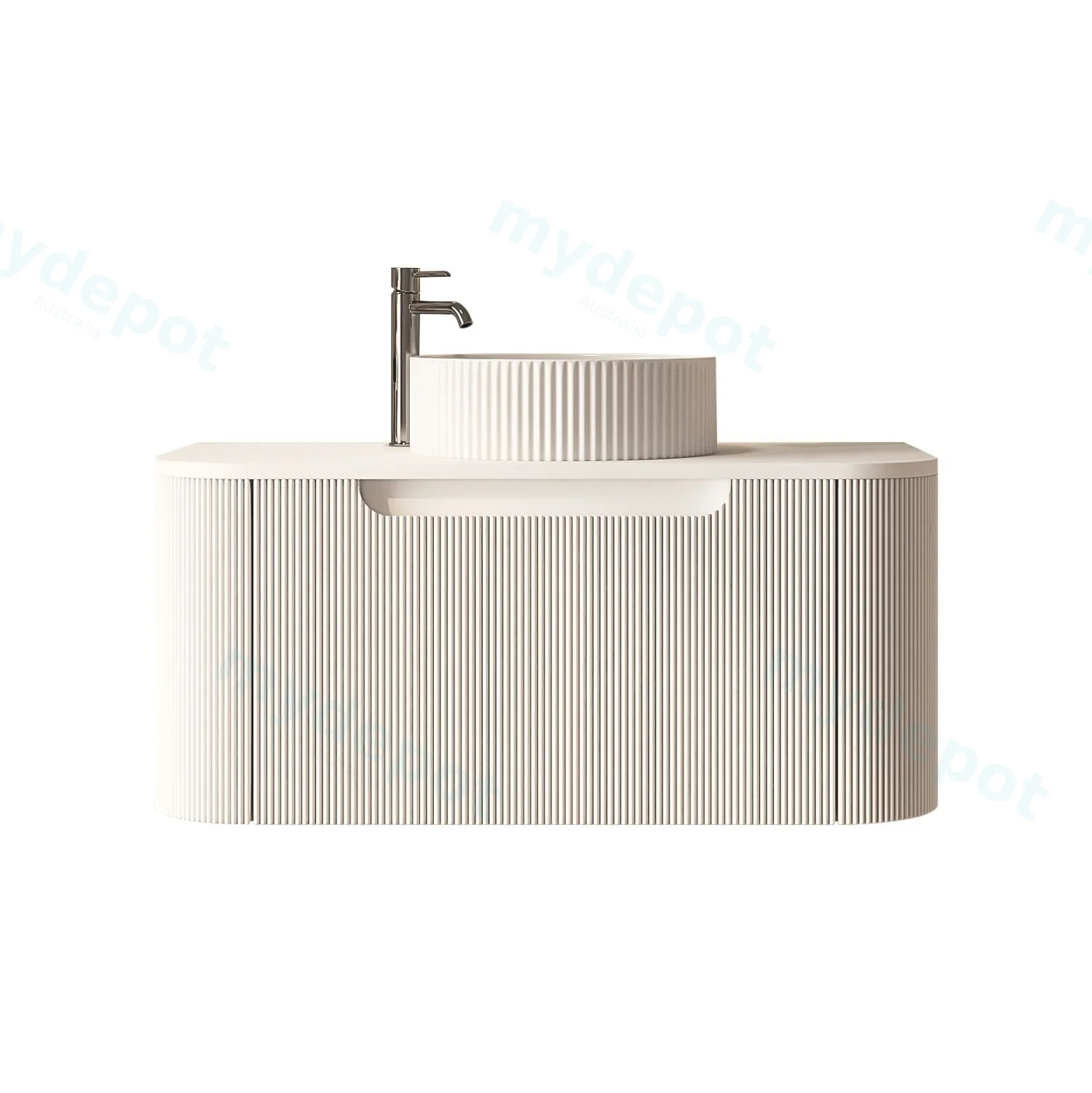 750x460x400mm Rome Matt White Round Edge Grooved Wall Hung MDF Vanity With White Quartz Stone Top One Soft Closing Drawer