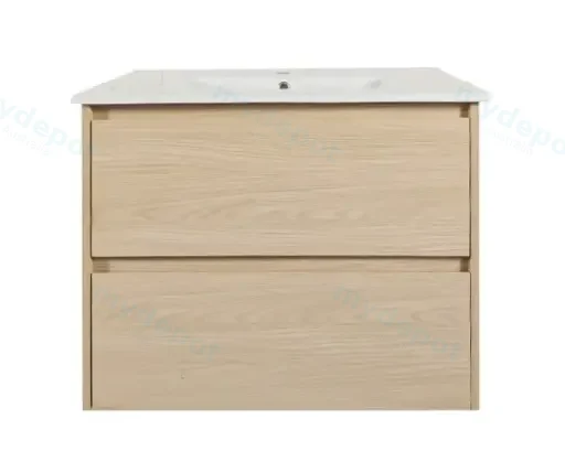 750x460x560mm Hera Tas Oak Wall Hung MDF Vanity With Carrara White Stone Top Two Soft Closing Drawers
