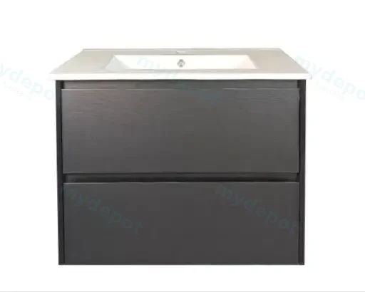 750x460x560mm Hera Black Oak Wall Hung MDF Vanity With Carrara White Stone Top Two Soft Closing Drawers