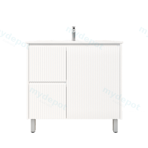 900mm Brio Freestanding Bathroom Vanity Cabinet Only PVC Left Drawer Fluted Matte White