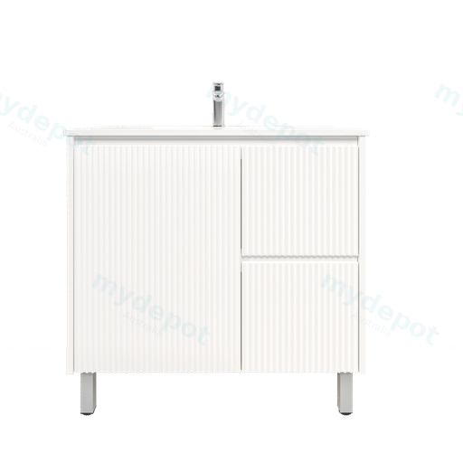 900mm Brio Freestanding Bathroom Vanity Cabinet Only PVC Right Drawer Fluted Matte White
