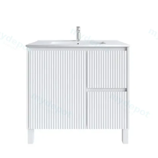 900mm Freestanding Bathroom Vanity Cabinet Only PVC Right Drawer Fluted Matte White