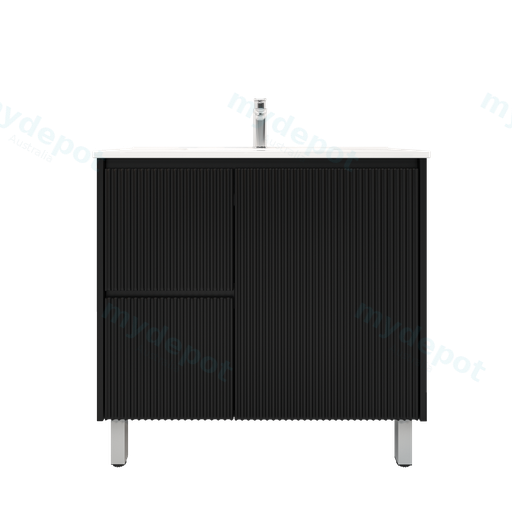 900mm Brio Freestanding Bathroom Vanity Cabinet Only PVC Left Drawer Fluted Matte Black