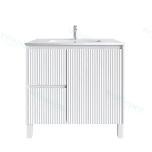 900mm Freestanding Bathroom Vanity Cabinet Only PVC Left Drawer Fluted Matte White
