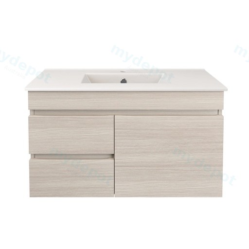 890X370X500mm Camden Modern Wall Hung Cabinet Coastal Oak,Soft Closing Finger Pull Door,Left Hand Drawers