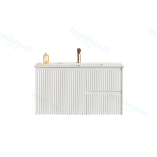 890X455X480mm Matte White Crete Modern Fluted Wall Hung Vanity PVC Cabinet,Right Hand Drawers